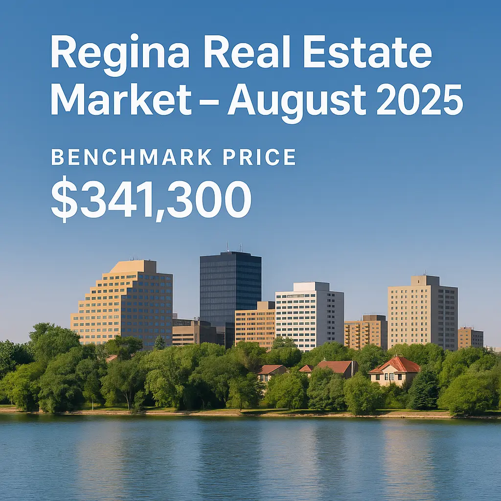 Aerial summer view of Regina skyline with Wascana Lake and surrounding residential neighborhoods under clear skies.